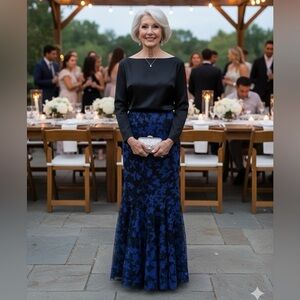 Tadashi Shoji Black & Navy Floral Maxi Skirt